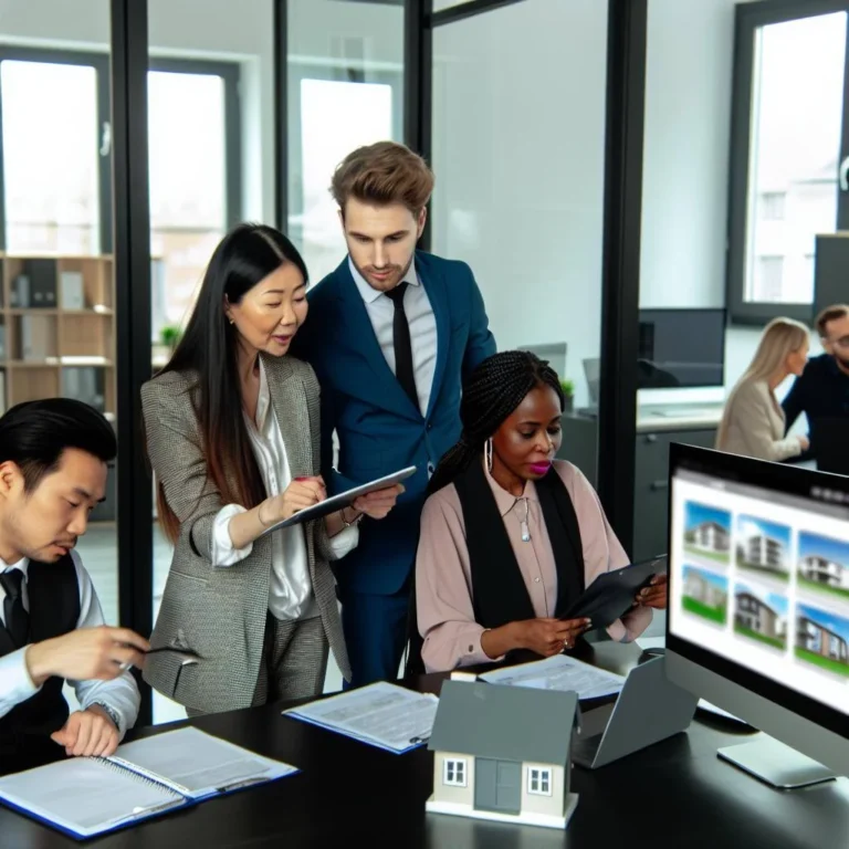 a diverse group of real estate agents working together in a modern office, collaborating on listings and discussing strategies