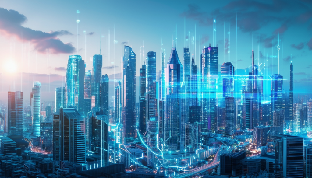 a futuristic city skyline with modern buildings, s