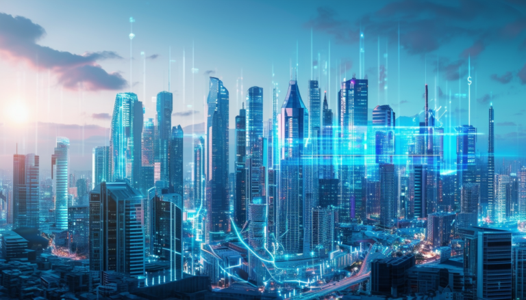 a futuristic city skyline with modern buildings, s