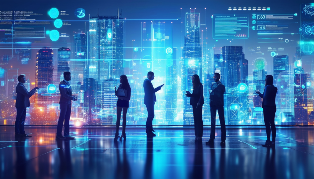 a futuristic cityscape with realtors engaging with