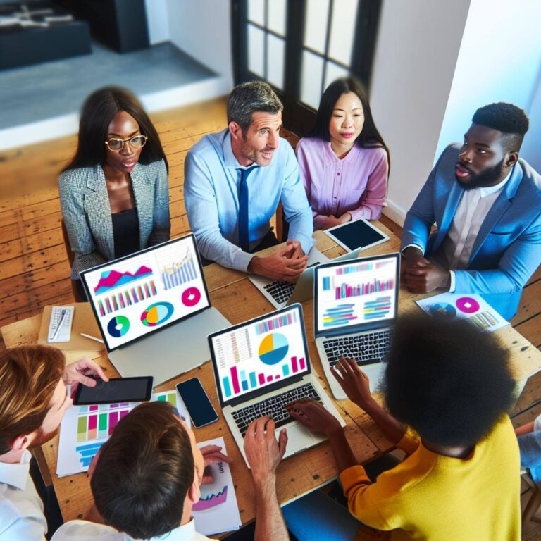 a group of real estate agents engaging in a lively discussion, surrounded by charts and graphs showing market trends.