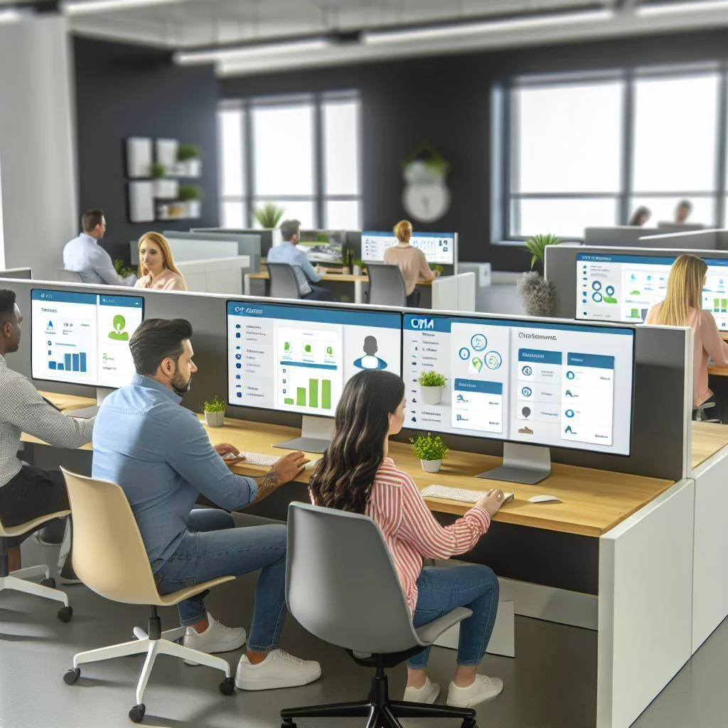 a modern office space with a team of professionals collaborating on computer screens displaying realhub365s crm solutions for real estate