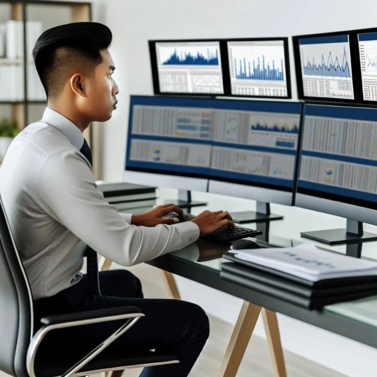 a real estate agent sitting at a sleek modern desk with multiple computer screens displaying graphs, charts, and listings