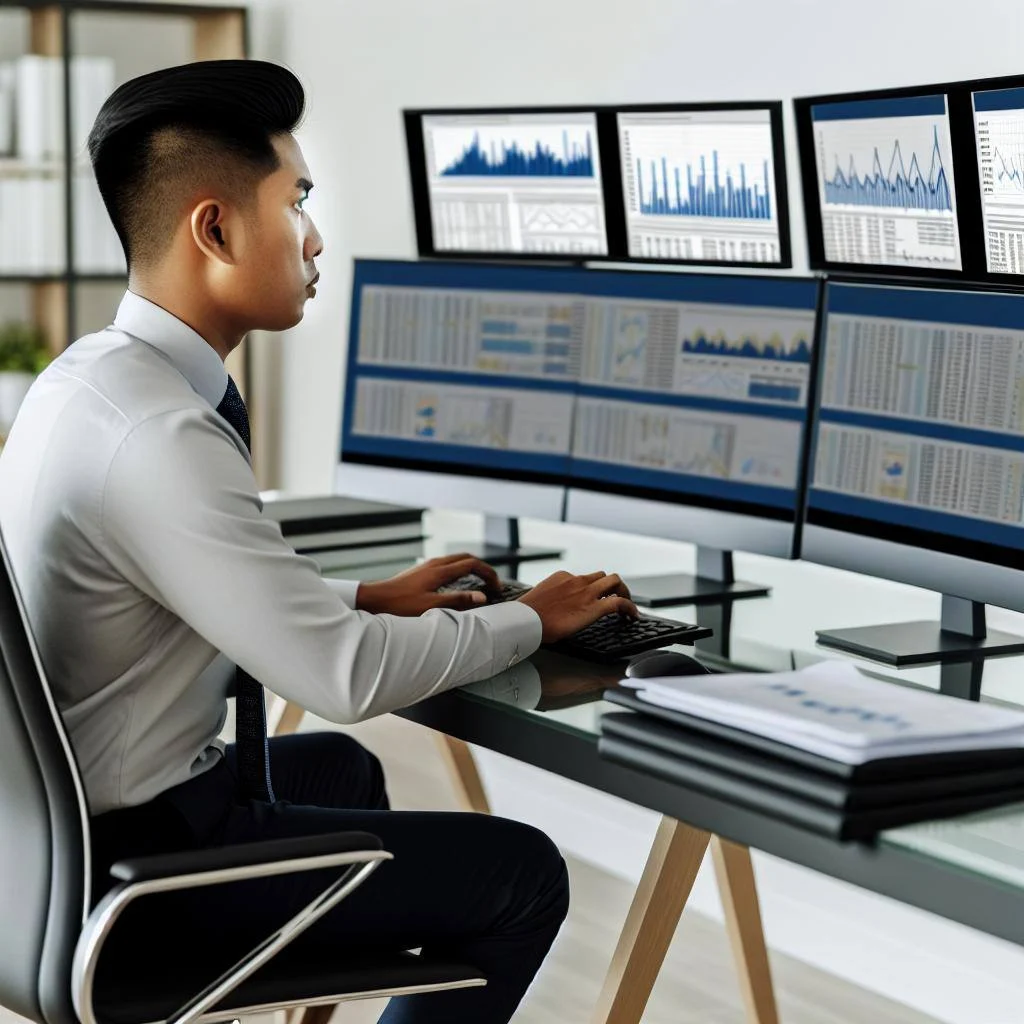 Home a real estate agent sitting at a sleek modern desk with multiple computer screens displaying graphs, charts, and listings
