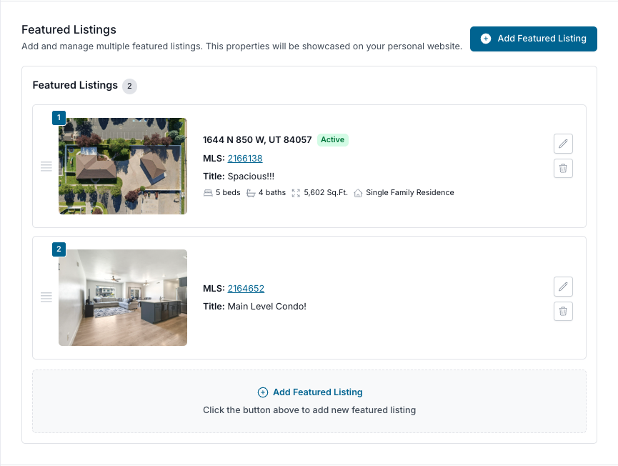 Featured Listings Profile link in the platform