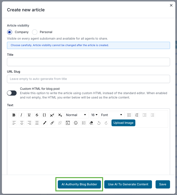 Website - AI Authority Blog Builder Full AI blog generation window