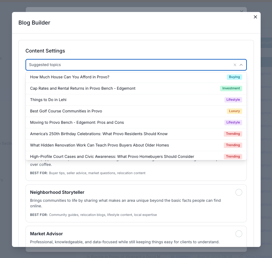 Website - AI Authority Blog Builder Suggested Topics list