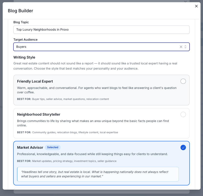 Website - AI Authority Blog Builder Audience and writing style options