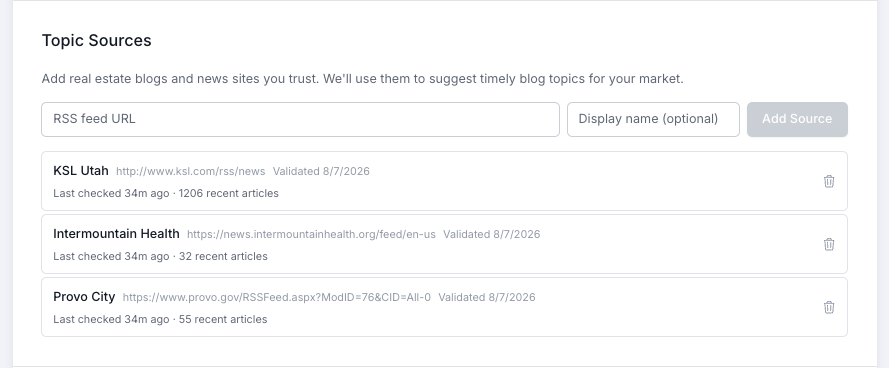 Website - AI Authority Blog Builder RSS feed settings in the profile