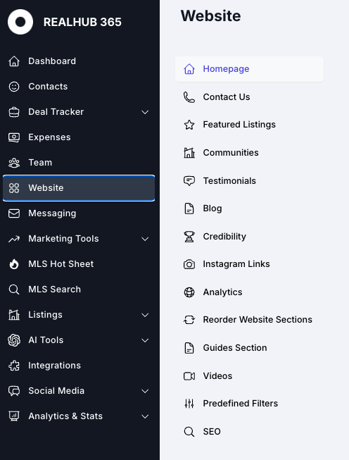 website controls submenu